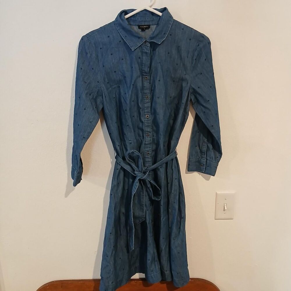 NWT Talbots Women's Blue Dress With Polka Dots Button Front Tie Belt Size 6